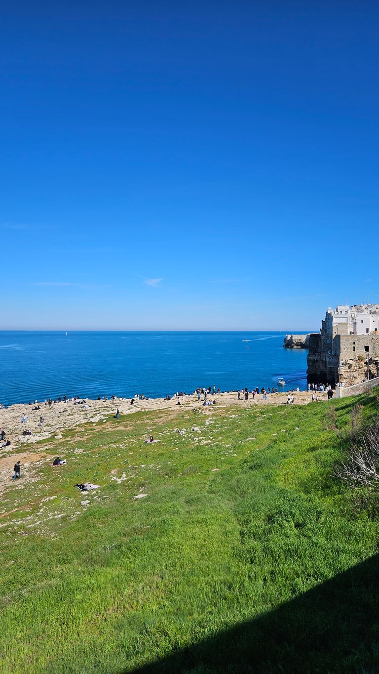Seaside landscape with green grass in the foreground, a grassy and rocky shore with people, and a village on the cliffs to the right.