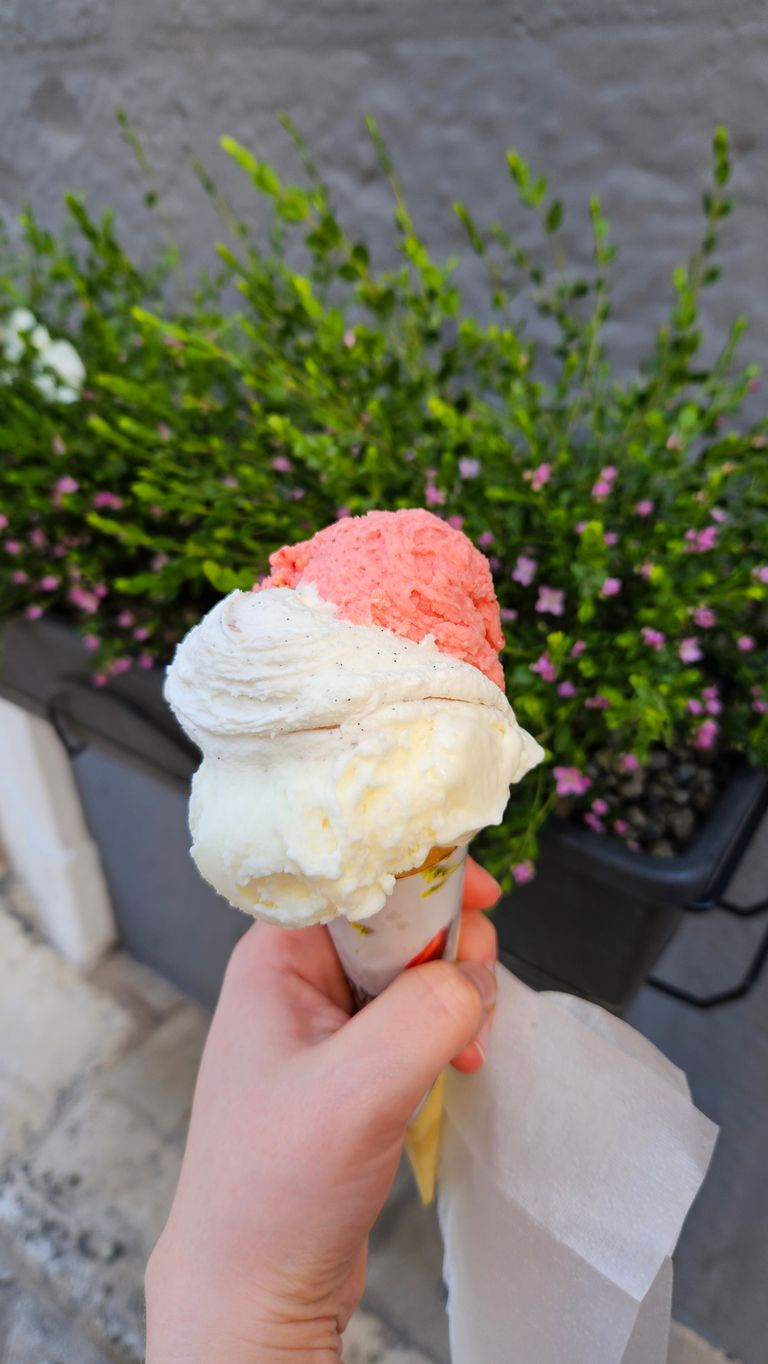 Hand holding a triple-scoop ice cream cone with red, white, and pale yellow scoops in front of a background of green plants with small pink flowers.