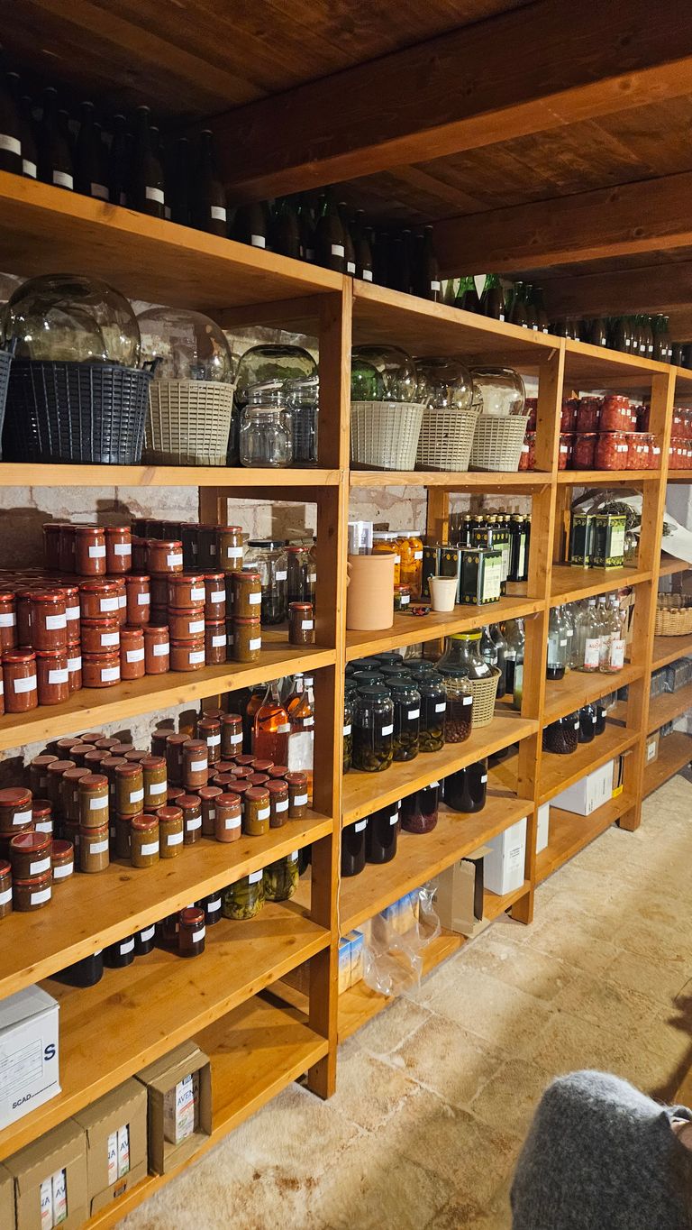 Various jars of preserves, bottles, and storage containers arranged on wooden shelves in a storage room with stone floor and wooden beam ceiling.