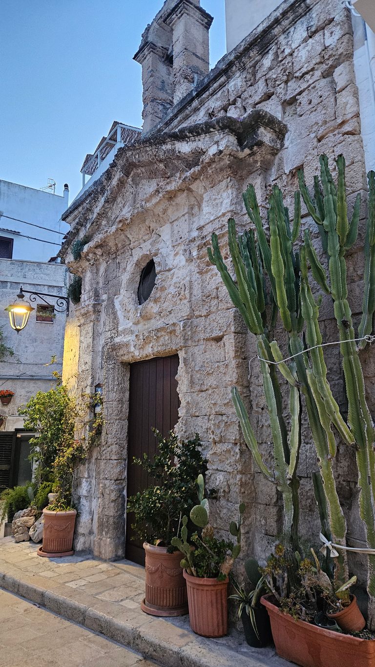 Stone facade of a historic building with a wooden door, flanked by several terracotta potted plants and an illuminated street lamp bracket in the evening.