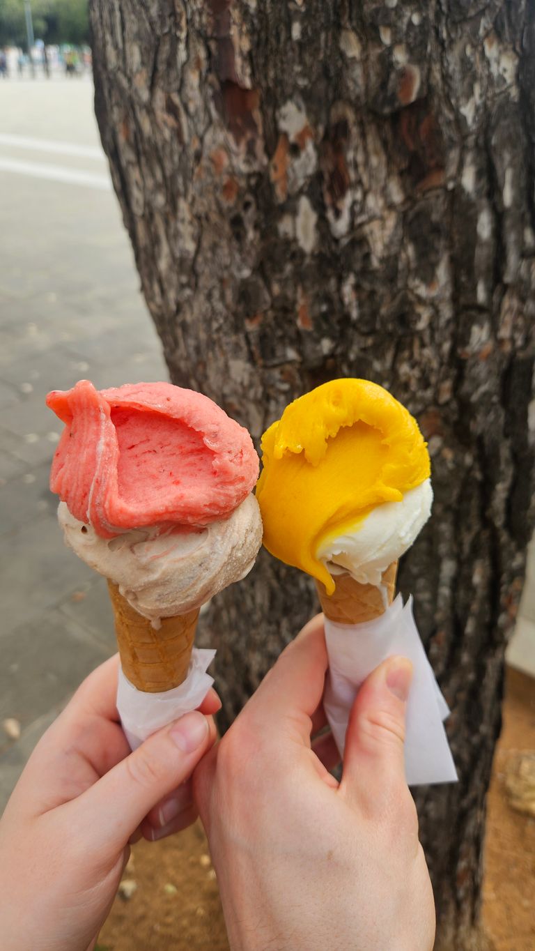 Two hands each holding an ice cream cone with two scoops, one with pink and brown ice cream, the other with yellow and white ice cream, in front of a tree trunk outdoors.