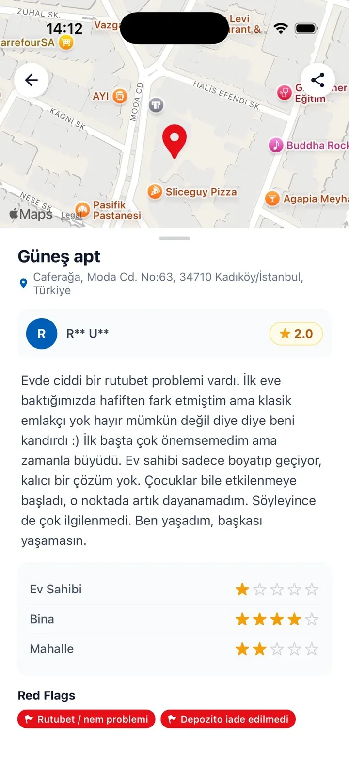 EvSkor uygulamasında bina değerlendirmesi ve kullanıcı yorumu görünümü