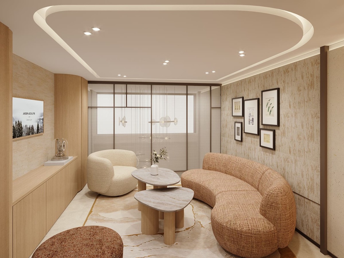 Visualisierung der Lounge-Ecke der Jaeger-LeCoultre-Boutique Frankfurt mit Sofa, Sessel und Couchtischen