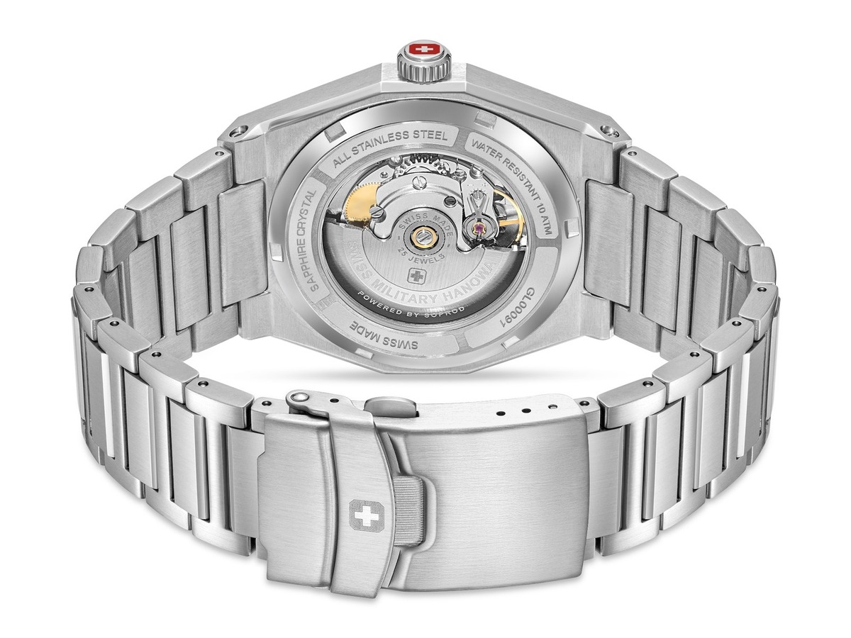 Rückseite der Typhoon mit Sichtboden und Automatikwerk Soprod P024
