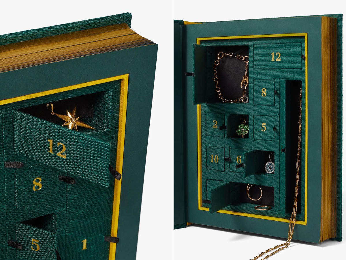 Geöffnete Türchen des Annoushka-Adventskalenders mit Sternanhänger, Armband, Kleeblatt-Charm und Ohrringen