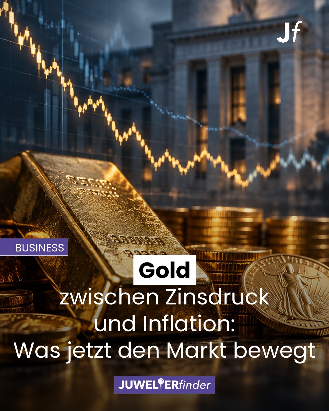 Goldbarren und Goldmünzen vor einem fallenden Kurschart und dem Gebäude einer Notenbank, dazu der Artikeltitel „Gold zwischen Zinsdruck und Inflation: Was jetzt den Markt bewegt“