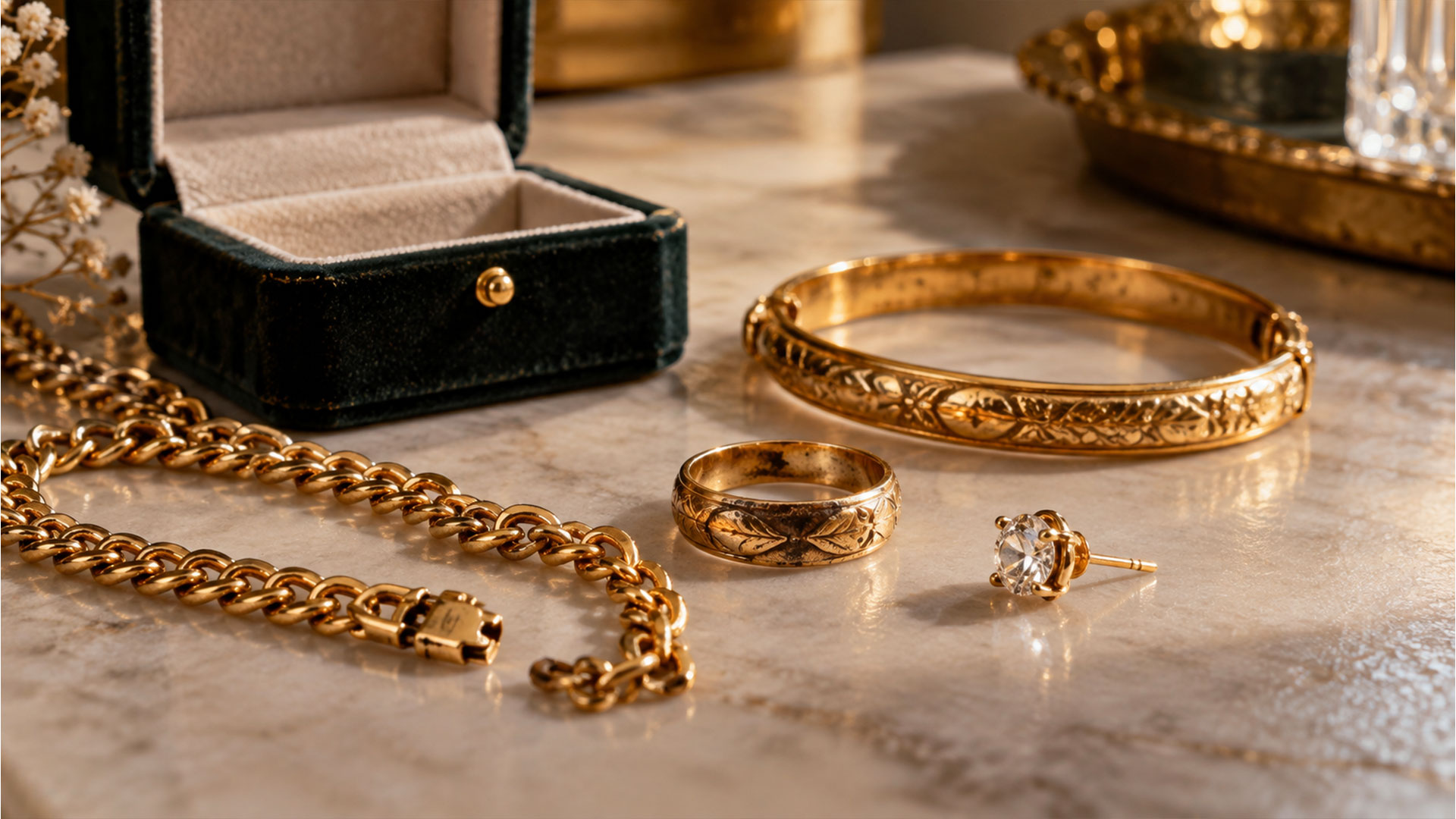 Goldschmuck am Tisch.