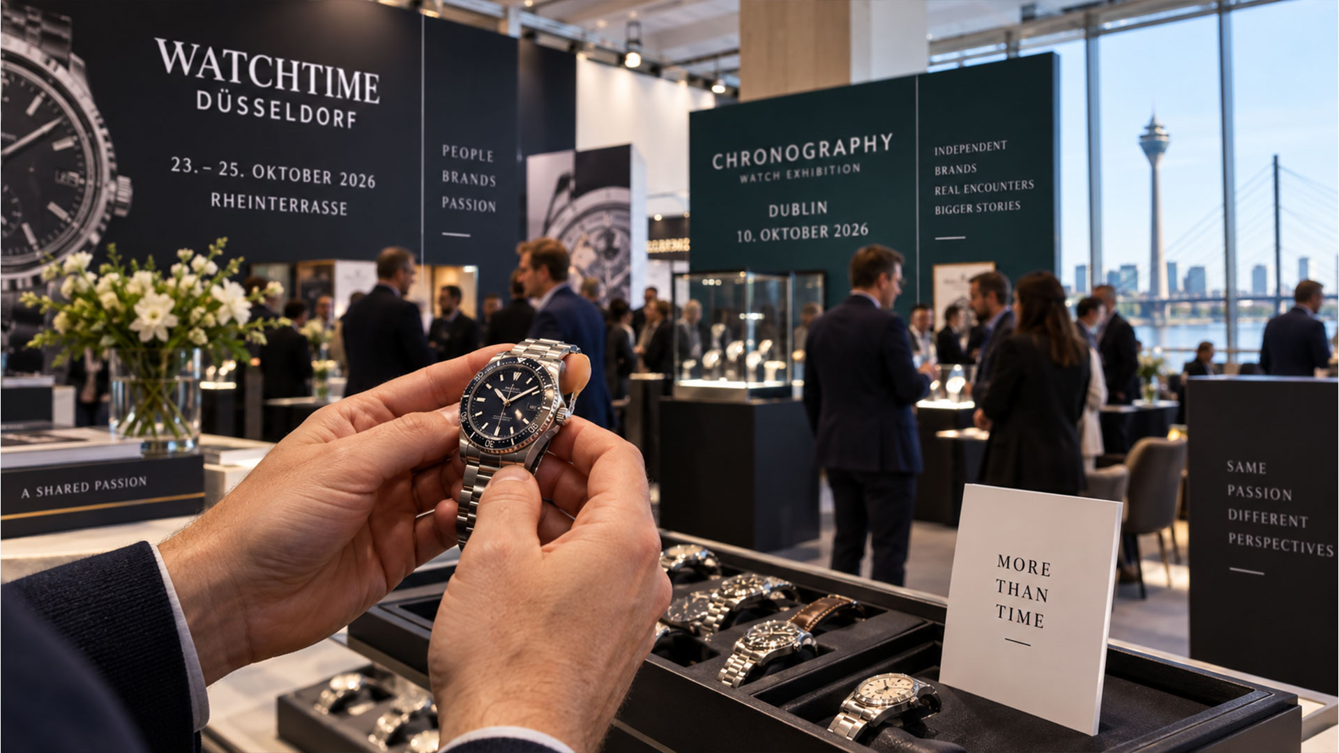 Männerhände halten eine Uhr.