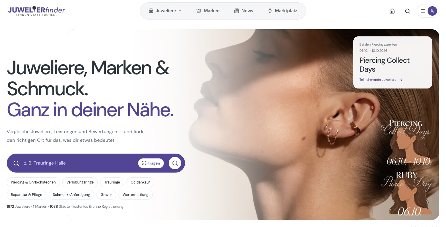 Screenshot der Juwelierfinder-Startseite mit Suchfeld und Schnellauswahl für Leistungen wie Trauringe, Verlobungsringe, Goldankauf und Reparatur