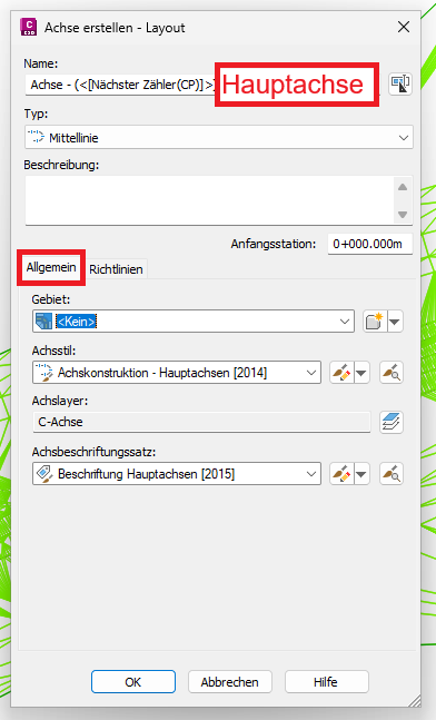 Dialog Achse erstellen, Registerkarte Allgemein