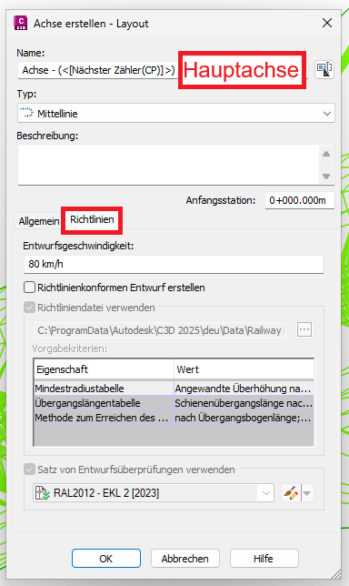 Dialog Achse erstellen, Registerkarte Richtlinien