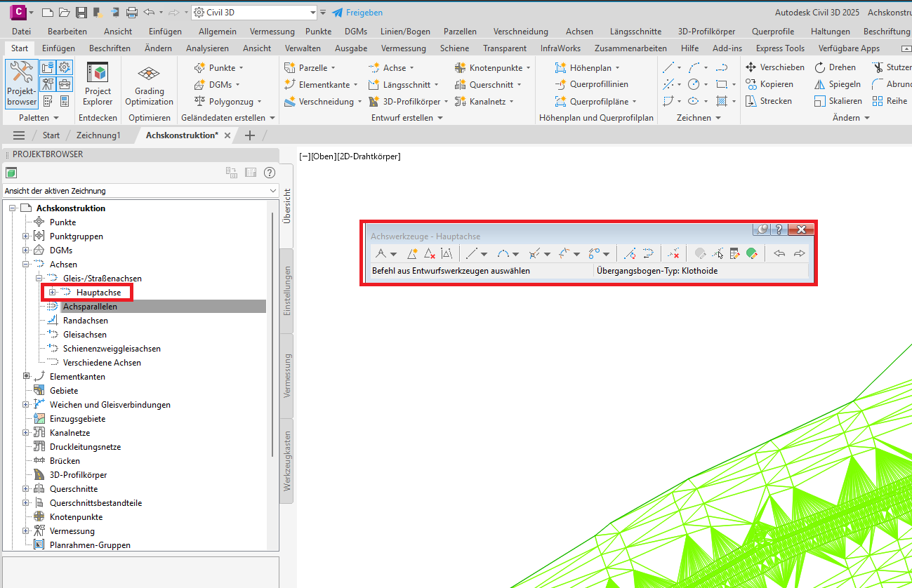 Achswerkzeuge mit geöffneten Dropdown-Menüs