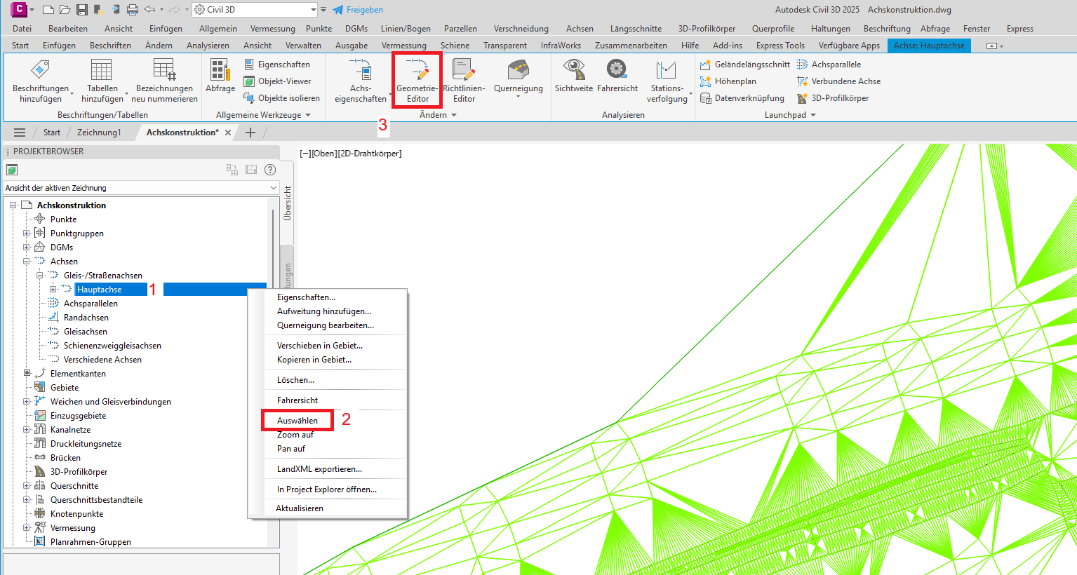 Achse im Projektbrowser auswählen und Geometrie-Editor öffnen