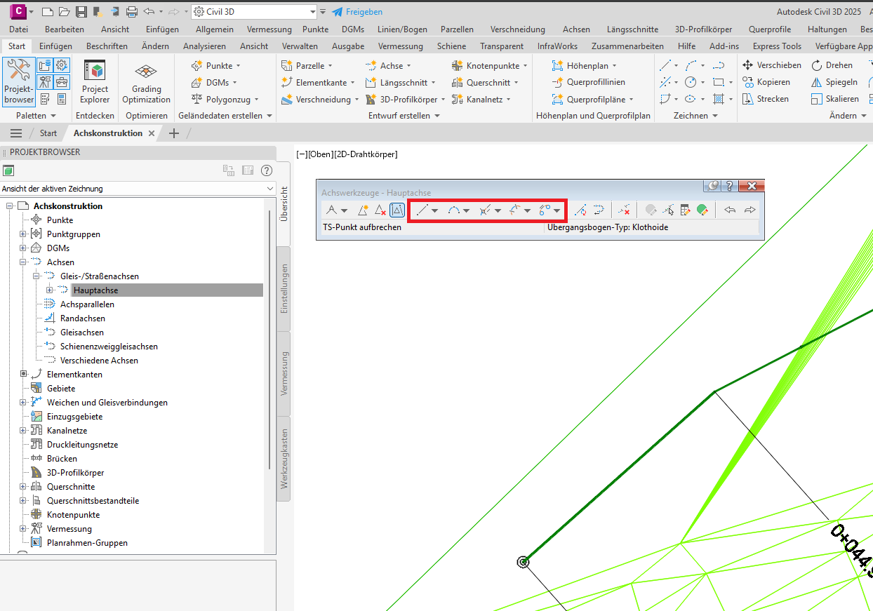 Übersicht der Achselemente in Civil 3D