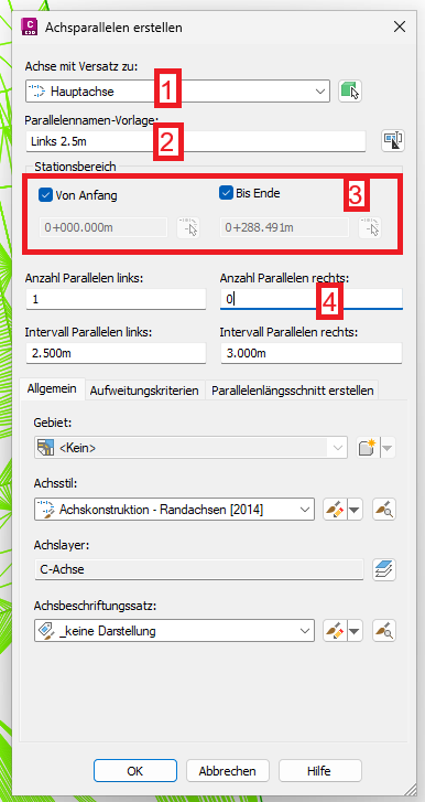 Dialog Achsparallelen erstellen