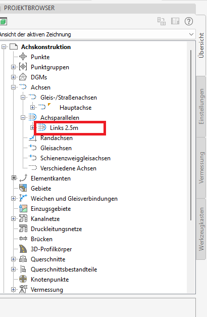 Achsparallele im Projektbrowser