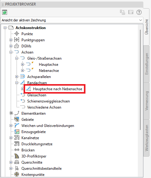 Randachse im Projektbrowser