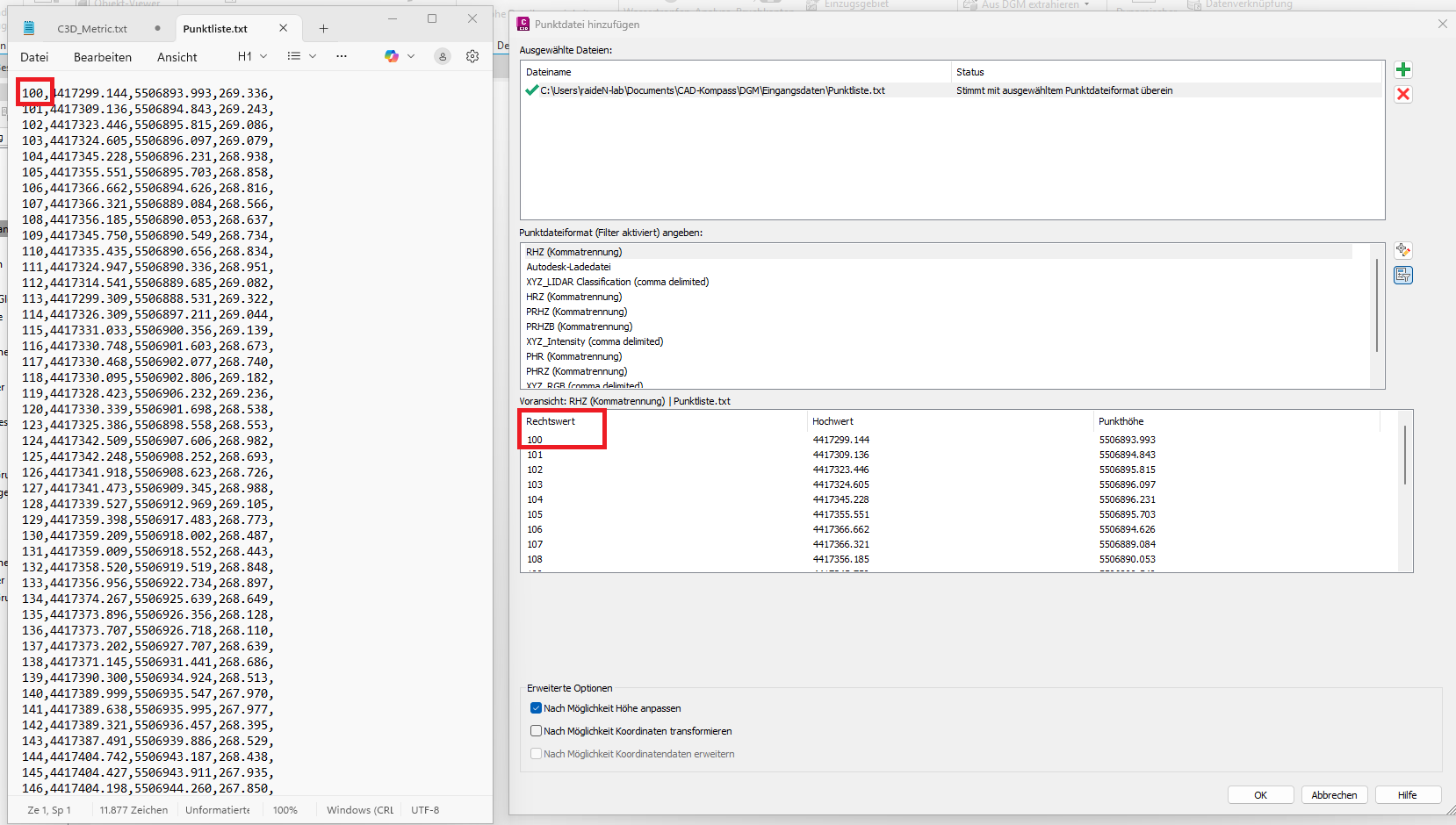 Formatdefinition für die Punktdatei