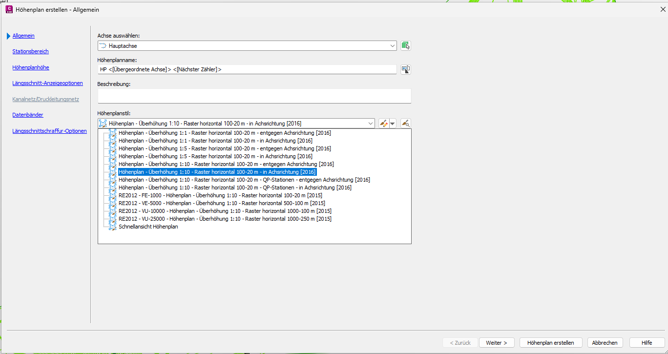 Allgemein-Seite im Höhenplan-Dialog mit geöffnetem Stil-Dropdown