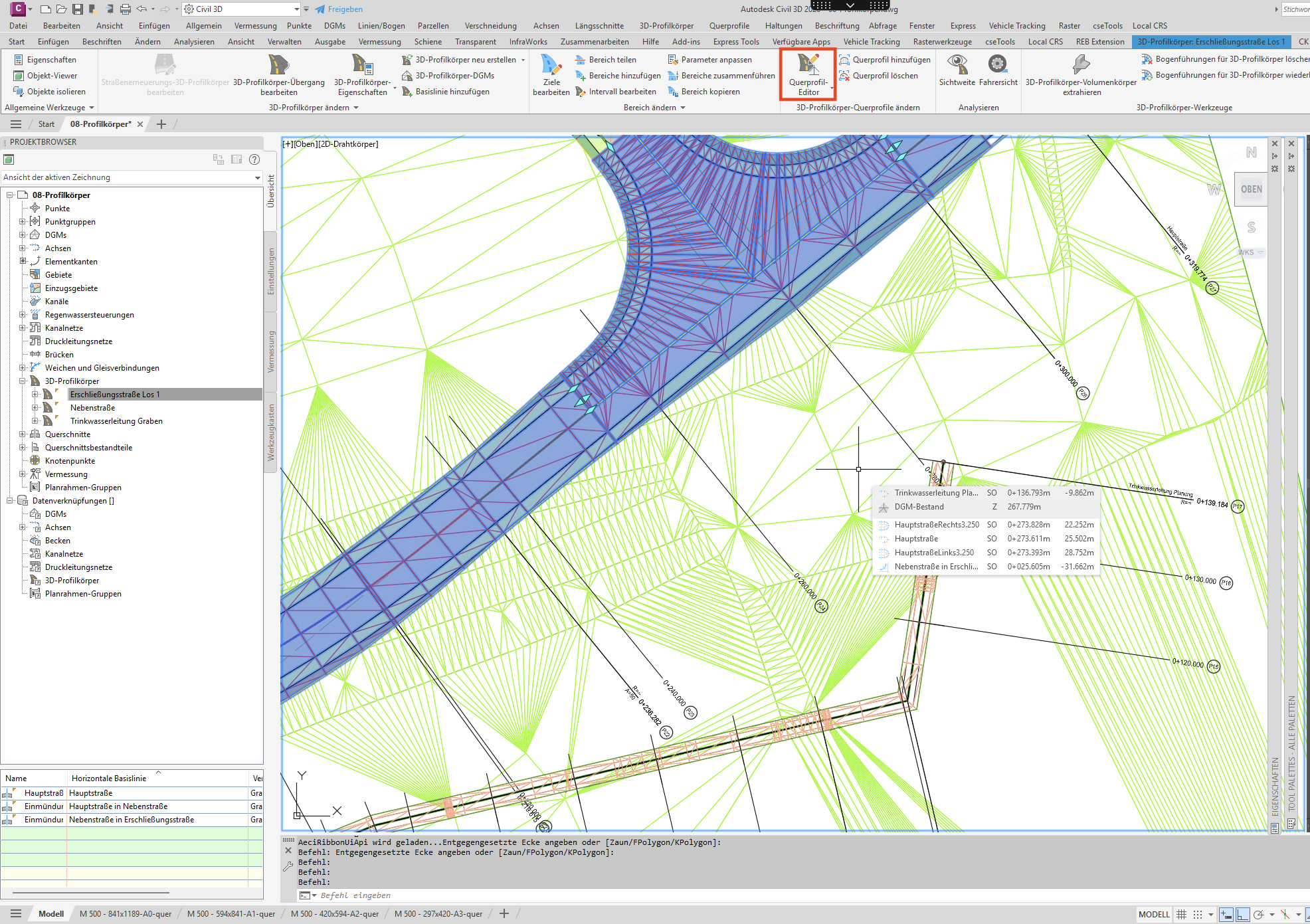 Kontextuelle Registerkarte 3D-Profilkörper, Gruppe 3D-Profilkörper-Querprofile ändern, mit dem Befehl Querprofil-Editor bei ausgewähltem Profilkörper