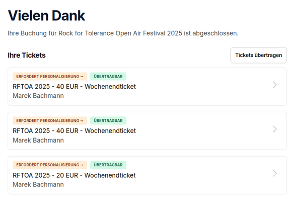 Buchungsbestätigung für drei Tickets für das Rock for Tollerance Festival 2025. Zwei Tickets für 40 € und eins für 20 €