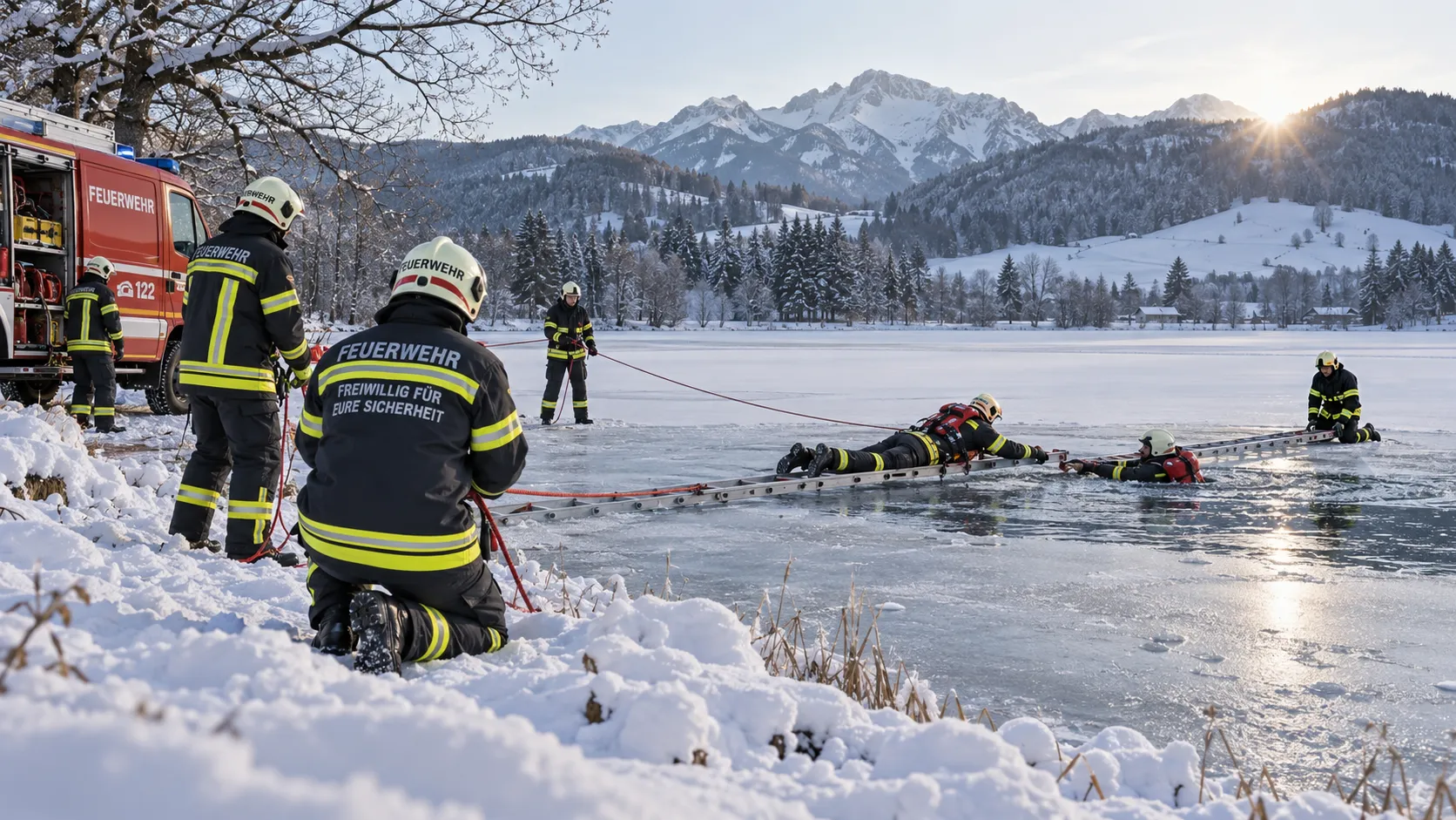 Winterübung: Eisrettung am Teich
