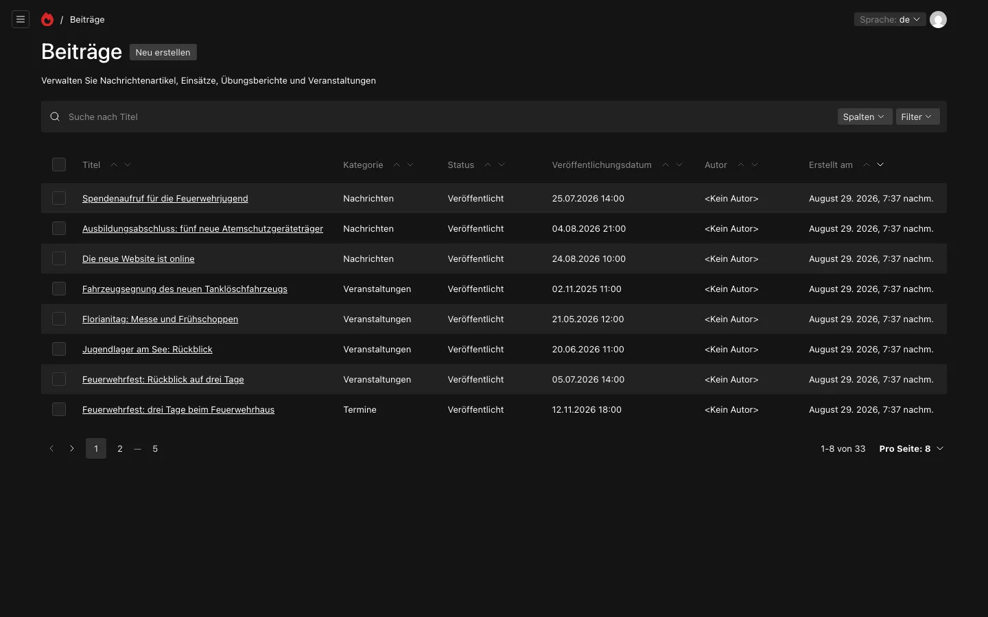 Die Liste der Beiträge der Demo-Wehr mit Kategorie, Status und Datum, sortier- und durchsuchbar.