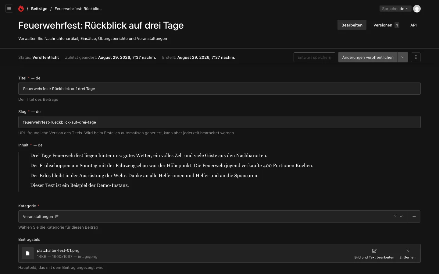 Veranstaltungen werden als Beiträge mit Datum gepflegt und erscheinen dadurch auf der Startseite.