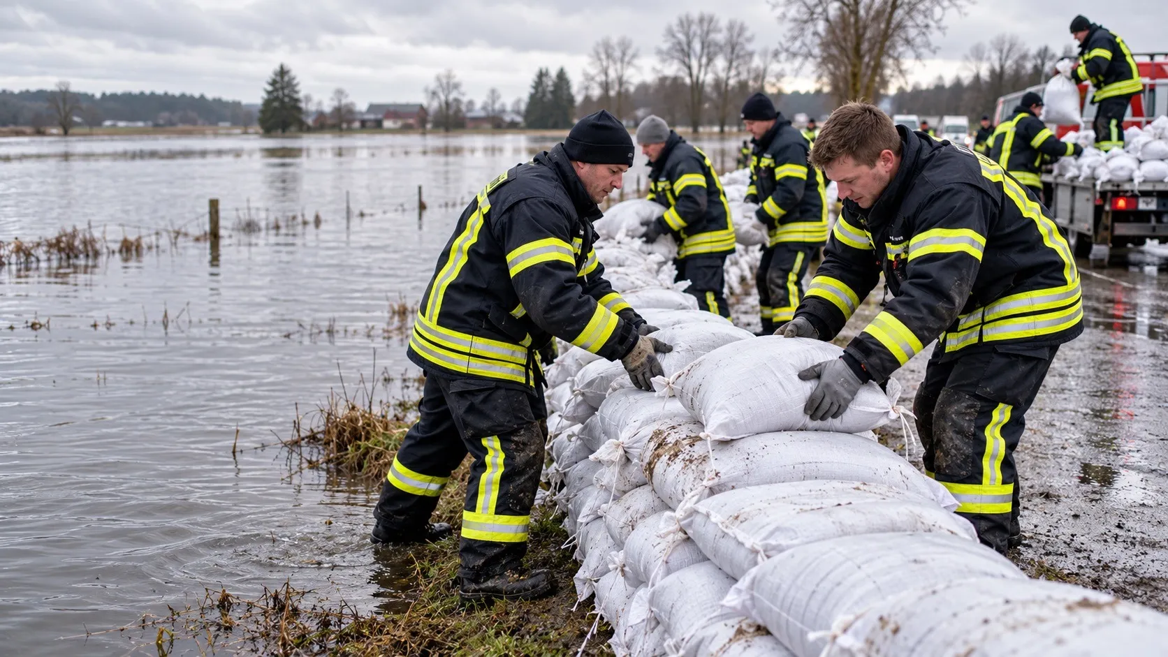 Hochwasser am Beispielbach: Sandsäcke und Pumpen