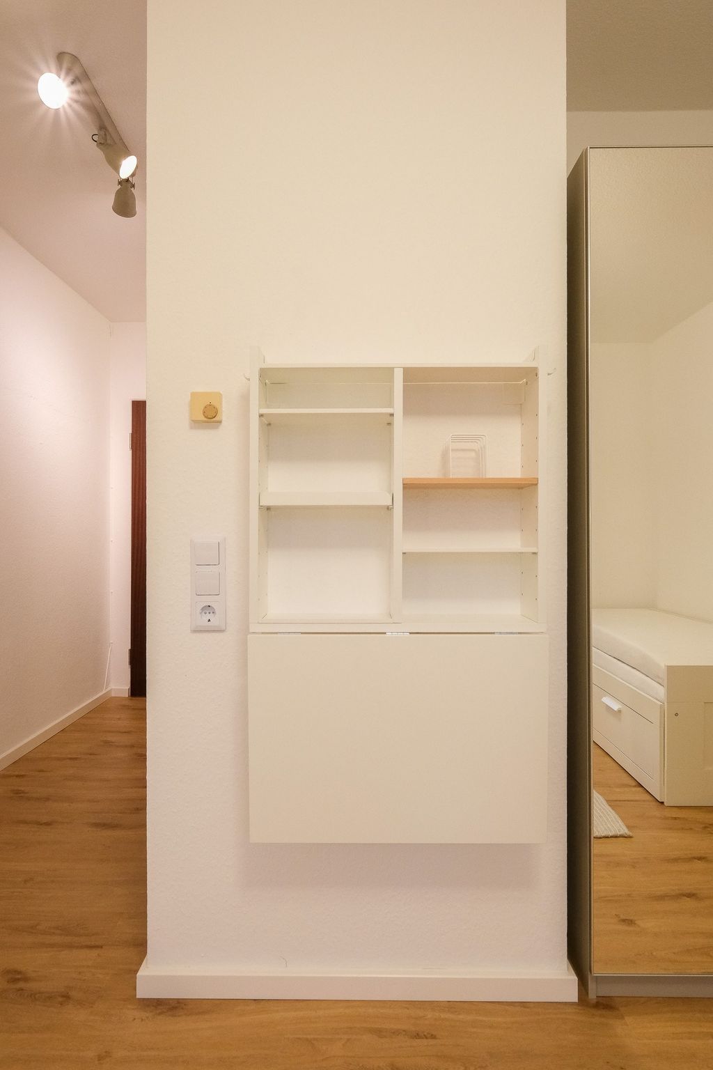 White wall with a small white shelving box and a mirror next to it, hardwood flooring, and simple ceiling lighting in the hallway of a modern room.