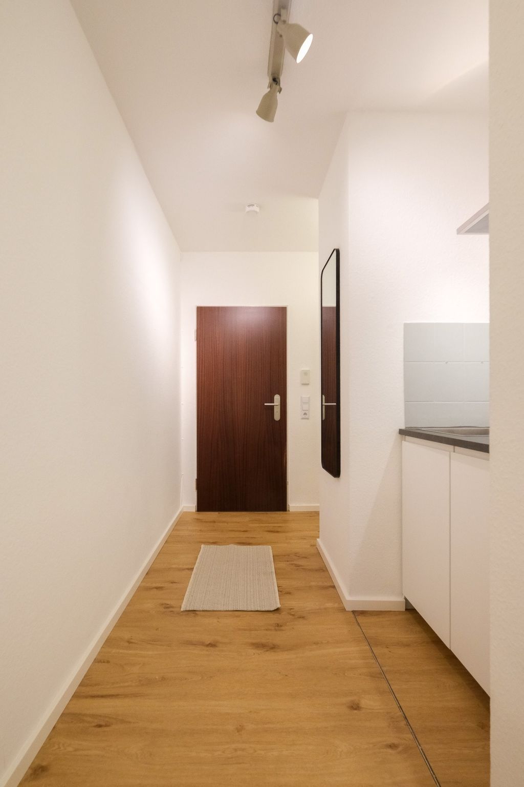 Narrow hallway with light walls, wooden floor, a small rug in the center, a dark door at the end, and a rectangular mirror on the side.