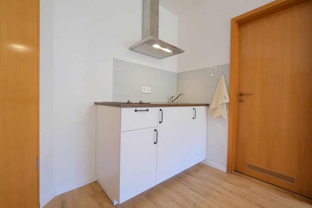Small kitchen with white cabinet, wooden floor, extractor hood, and wooden door in a simple, bright room.