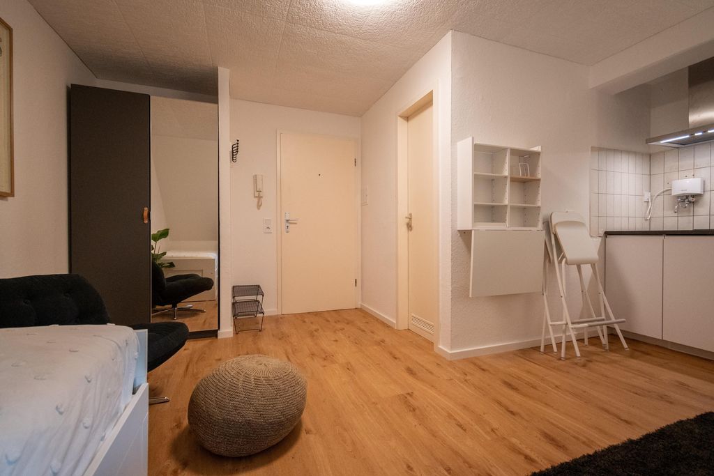 View of the entrance and small living area with wooden flooring, a gray sofa, and a wardrobe with a mirror in a bright apartment.