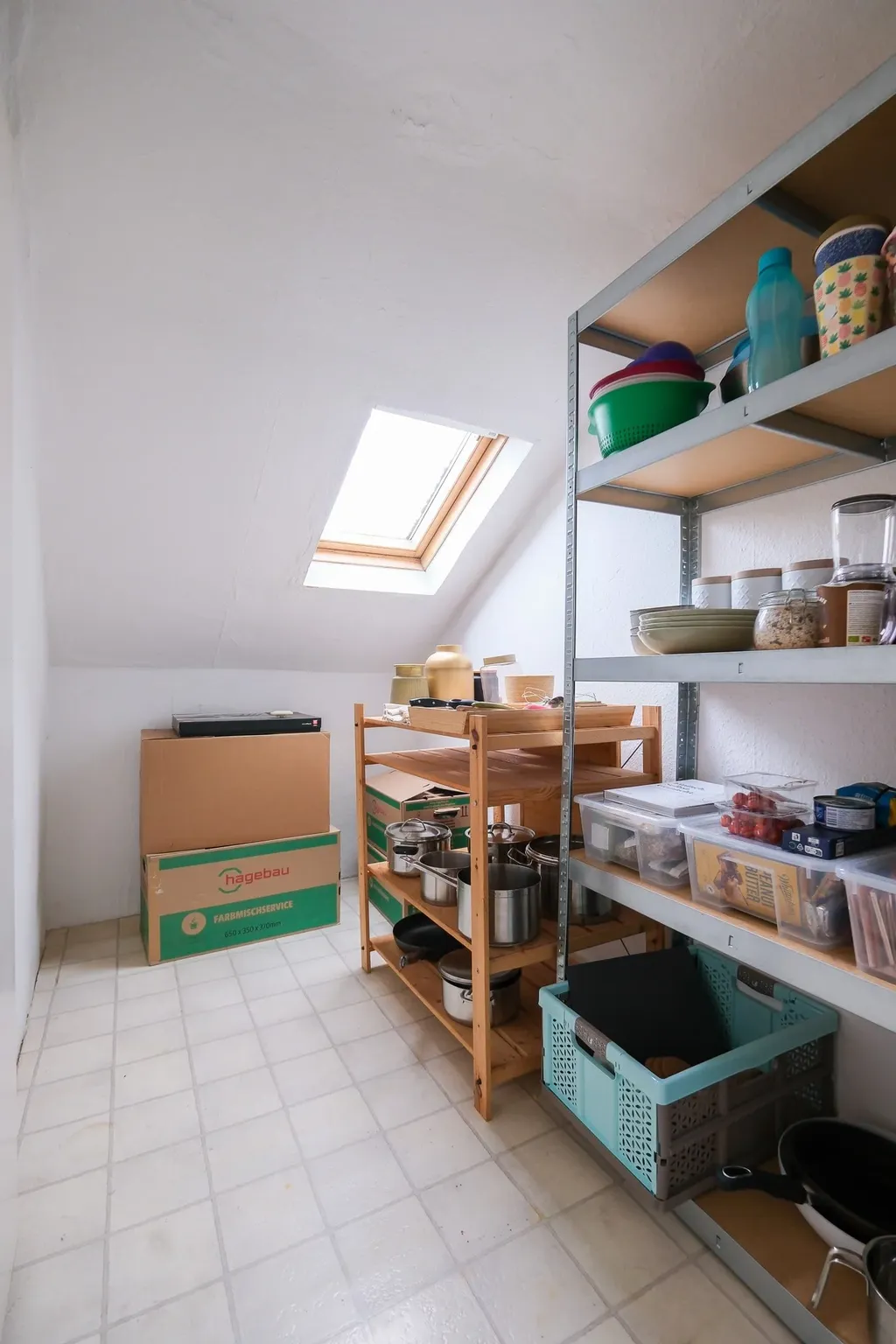 A storage room with a slanted skylight, metal and wooden shelves filled with pots, plastic containers, and boxes.