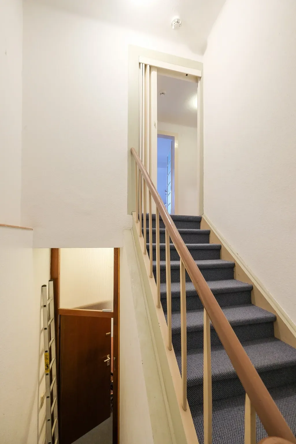 Interior view of a staircase with blue carpeting, a wooden handrail, and an open wooden door at the bottom.