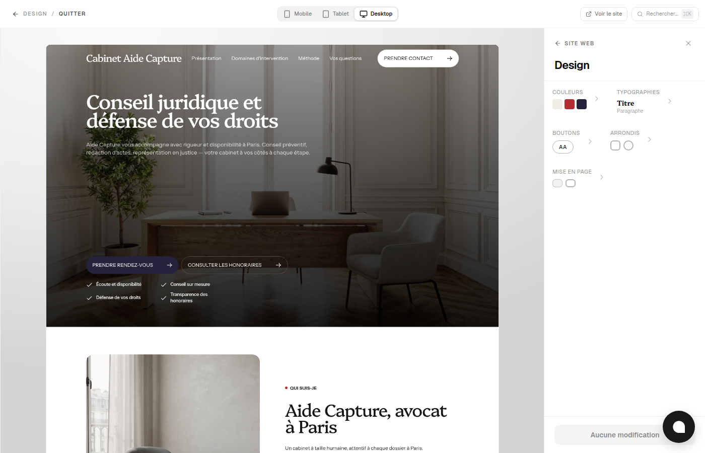 Panneau Design : couleurs, typographies, boutons, arrondis