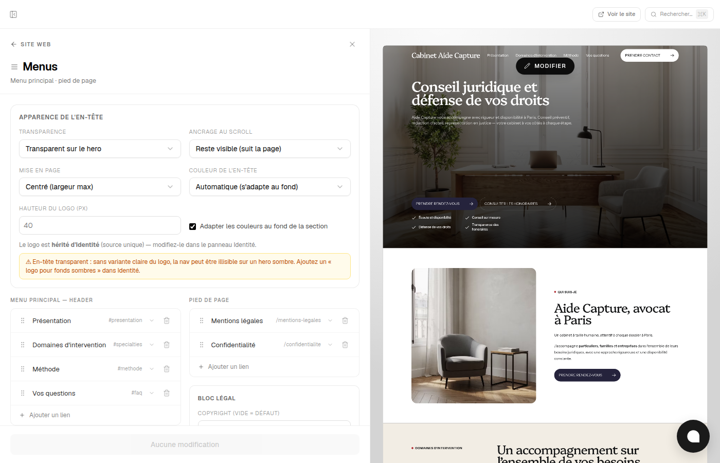 Panneau Menus : en-tête et liens de navigation