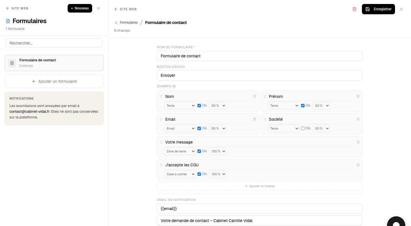 Éditeur de formulaire : champs, options obligatoire/largeur, email de notification