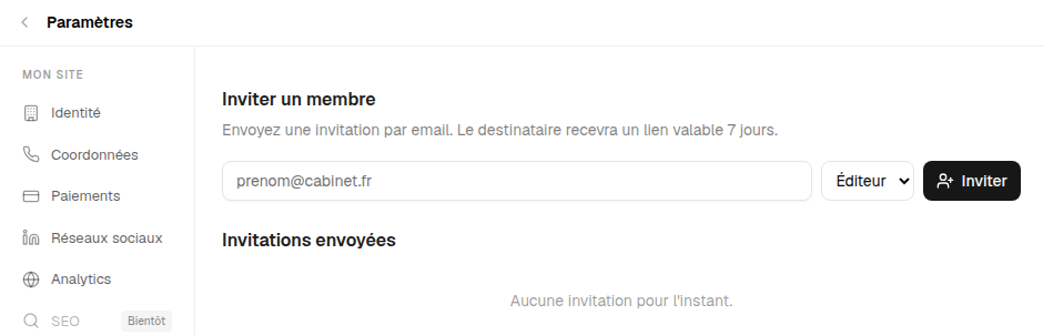Panneau Membres : email, rôle Éditeur/Administrateur, bouton Inviter