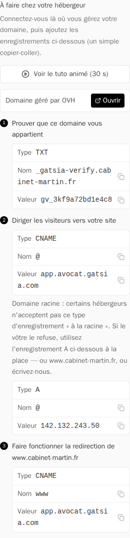 Les enregistrements DNS affichés dans l'éditeur, avec les vraies valeurs de votre cabinet