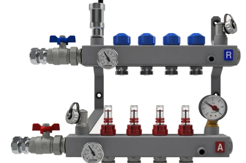 Class Heat LT-verdeler met rode aanvoerkraan (A), blauwe retourkraan (R), flowmeters, thermometers en manometer