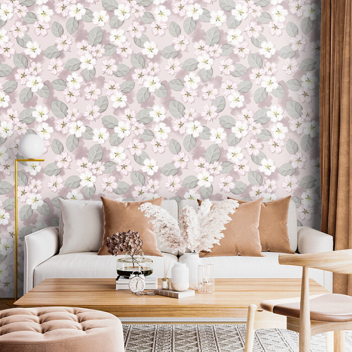 Apple blossom, Pink-white flowers, Beige background