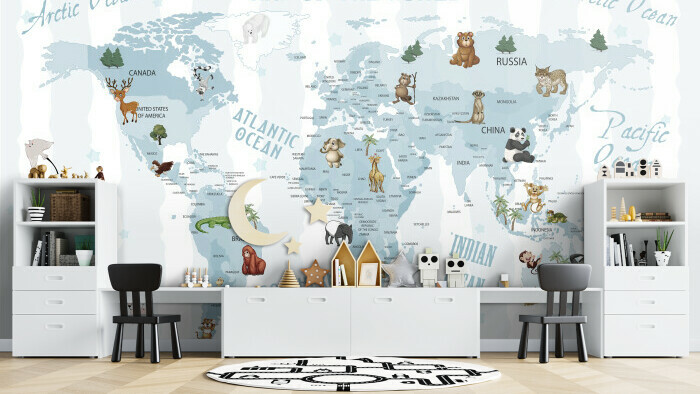 Animal World Map Mural