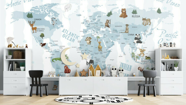 Animal World Map Mural