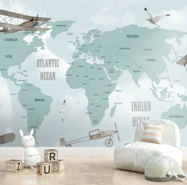 Vintage World Map with Classic Airplanes