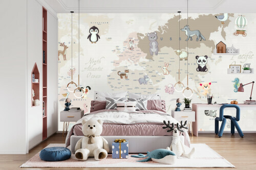 Animal World Map Wall Mural