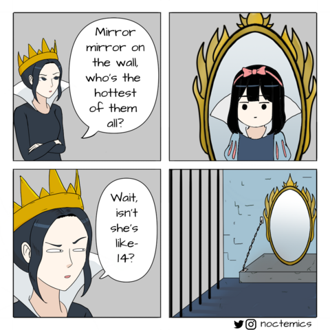 Four panel comic.
Panel 1: The queen asks "Mirror mirror on the wall, who's the hottest of them all?"
Panel 2: The mirror shows Snow White.
Panel 3: The queen remarks "wait, isn't she like 14?"
Panel 4: The mirror is shown to be in a prison cell.
