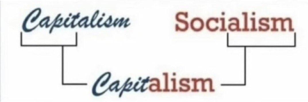 A flow diagram showing capitalism on the left, socialism on the right. They merge to form "capit-alism".
