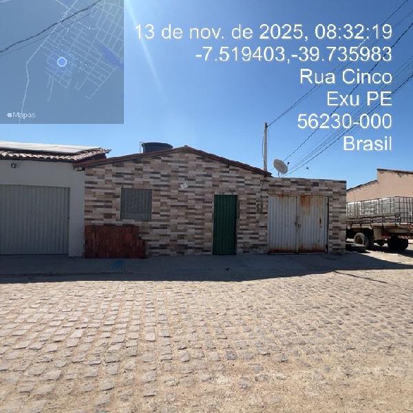 Vende-se em Exu-PE  Casa, 186.76 de área total, 100.05 de área privativa, 186.76 de área do terreno,  3_qto(s), a.serv, WC, 1_sala(s), cozinha, 1_vaga(s) de garagem.