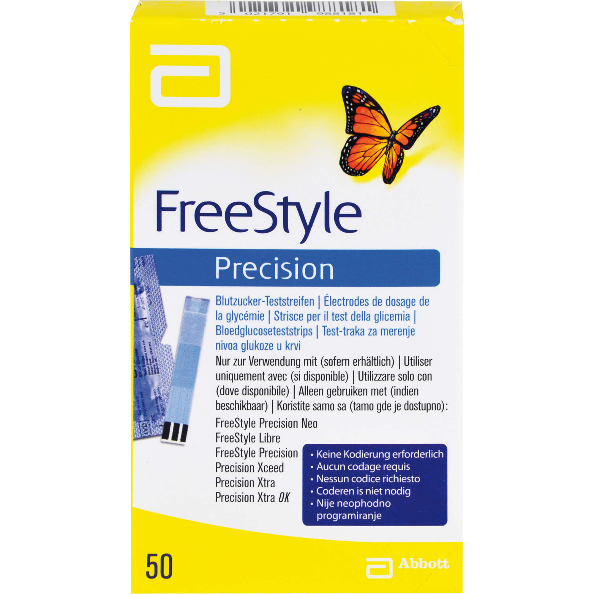 Abbott FreeStyle Precision Blutzucker-Teststrreifen Ohne Codieren, 50 St. Teststreifen